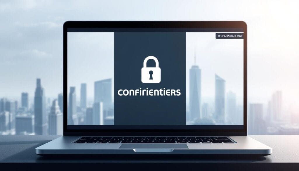 A high-resolution digital illustration depicting the legal and privacy aspects of IPTV streaming. Set in a modern, minimalist style, the scene features a laptop screen displaying the IPTV SMARTERS PRO interface, with a padlock icon and "Confidentiality" text overlay. In the background, a cityscape with skyscrapers and data center infrastructure symbolizes the technological landscape. Soft, diffused lighting creates a contemplative atmosphere, emphasizing the importance of privacy and legality in the IPTV ecosystem. The overall composition conveys a sense of balance between technology, regulation, and user rights.