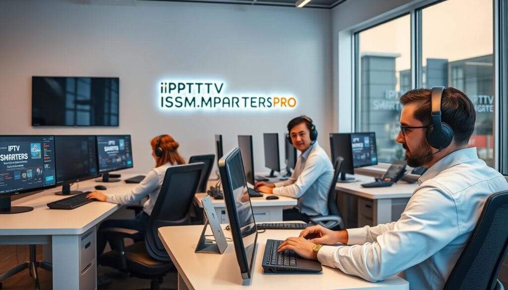 A modern, well-equipped client support center with sleek desks, multiple monitors, and ergonomic chairs. IPTV SMARTERS PRO branding is prominently displayed on the wall, conveying a sense of professionalism and expertise. Warm, indirect lighting creates a comfortable atmosphere, while large windows allow natural light to flow in. Tech-savvy support agents assist customers with seamless IPTV service, their expressions calm and attentive. The overall scene exudes a sense of reliable, personalized support for French IPTV subscribers.