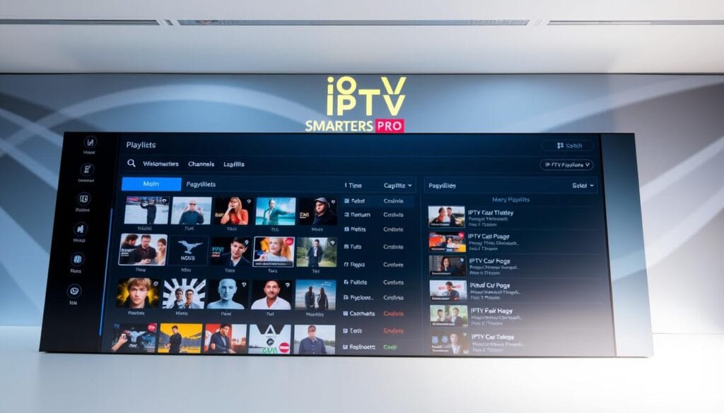 A professional-looking dashboard interface for managing IPTV playlists, featuring the IPTV SMARTERS PRO logo prominently displayed. The foreground shows a clean, organized grid of thumbnail previews for various playlists, with clear icons and labels. The middle ground depicts a main playlist view, allowing for easy sorting, filtering, and management of individual channels. The background showcases a sleek, modern design with subtle gradient patterns, conveying a sense of sophistication and technological prowess. The lighting is soft and diffused, creating a pleasant, productivity-focused atmosphere. The camera angle is slightly elevated, providing an overview of the entire interface. Prompt A professional-looking dashboard interface for managing IPTV playlists, featuring the IPTV SMARTERS PRO logo prominently displayed. The foreground shows a clean, organized grid of thumbnail previews for various playlists, with clear icons and labels. The middle ground depicts a main playlist view, allowing for easy sorting, filtering, and management of individual channels. The background showcases a sleek, modern design with subtle gradient patterns, conveying a sense of sophistication and technological prowess. The lighting is soft and diffused, creating a pleasant, productivity-focused atmosphere. The camera angle is slightly elevated, providing an overview of the entire interface. Prompt