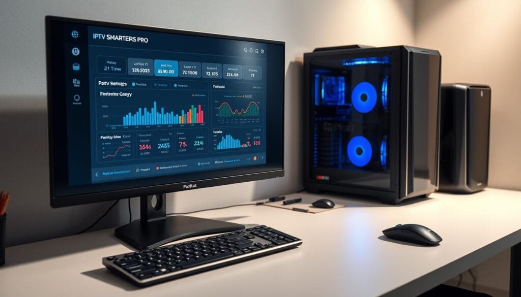 A sleek, modern IPTV streaming setup with the IPTV SMARTERS PRO interface prominently displayed on a high-resolution monitor. The screen shows a performance optimization dashboard, with real-time metrics and charts depicting bandwidth, latency, and buffering rates. The desk is minimalist, with a wireless keyboard and mouse, and a discreet gaming PC tower in the background. Soft, indirect lighting illuminates the scene, creating a professional, focused atmosphere. The overall composition conveys a sense of efficiency, attention to detail, and a desire to optimize the IPTV experience. A sleek, modern IPTV streaming setup with the IPTV SMARTERS PRO interface prominently displayed on a high-resolution monitor. The screen shows a performance optimization dashboard, with real-time metrics and charts depicting bandwidth, latency, and buffering rates. The desk is minimalist, with a wireless keyboard and mouse, and a discreet gaming PC tower in the background. Soft, indirect lighting illuminates the scene, creating a professional, focused atmosphere. The overall composition conveys a sense of efficiency, attention to detail, and a desire to optimize the IPTV experience.