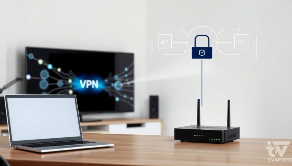 Detailed technical diagram depicting the configuration of a virtual private network (VPN) for IPTV SMARTERS PRO. A modern home office setup with a laptop, router, and smart TV in the foreground. Sleek, minimalist aesthetic with clean lines and muted colors. Subtle glowing network connections in the background, conveying a sense of secure, high-speed internet. Technical schematics illustrating the VPN tunnel and data flow between devices. Focused lighting highlighting the key components, with a slightly futuristic and professional vibe. The overall scene should visually communicate the importance of using a VPN to protect IPTV streaming.