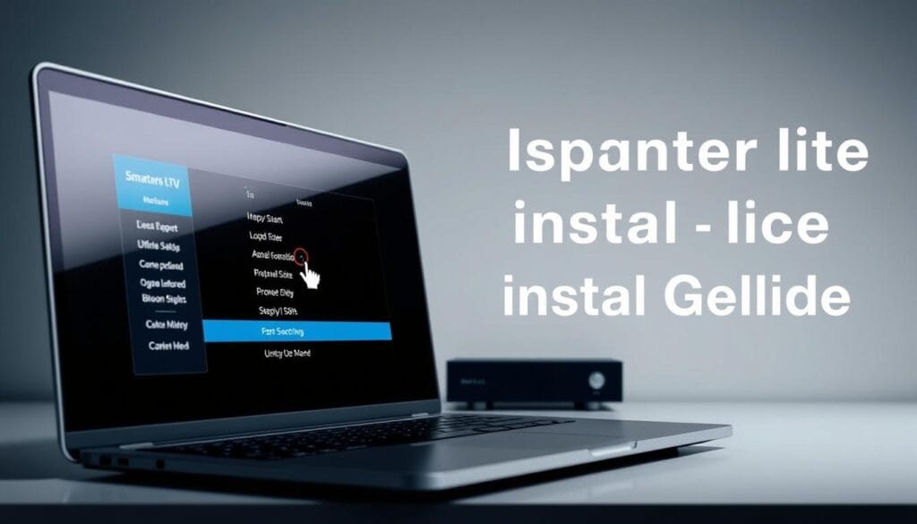A detailed installation guide for the "iptv smarters lite" software, showcasing the step-by-step process on a modern, minimalist desktop. The foreground features a laptop display with the "iptv smarters lite" interface, highlighted by soft, directional lighting from the side. The middle ground includes a mouse cursor navigating the on-screen menus, adding a sense of interactivity. The background is a clean, clutter-free workspace with a subtle gradient, creating a professional and focused atmosphere. The overall composition emphasizes the simplicity and ease of the "iptv smarters lite" installation, guiding the viewer through the process.