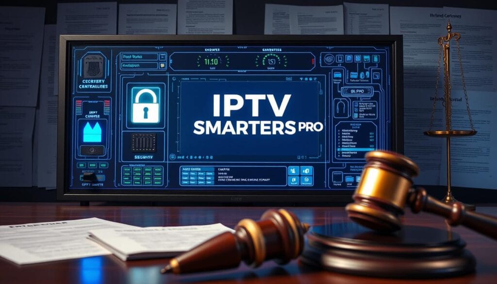 A high-tech security control panel with biometric scanners, encrypted data flows, and IPTV SMARTERS PRO branding, set against a backdrop of legal documents and a gavel, conveying the intersection of technology, regulations, and the legal aspects of IPTV streaming. The scene is lit by a soft, professional lighting setup, creating a sense of authority and gravity. The overall mood is one of technological sophistication and regulatory compliance.