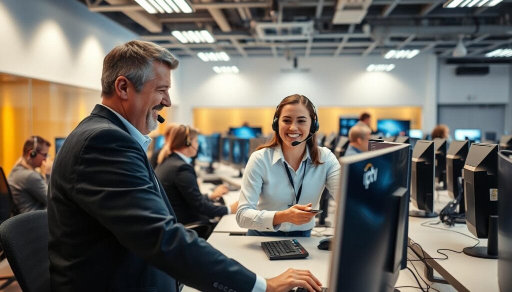 A modern, well-equipped technical support center with employees diligently assisting clients with their IPTV service. The room is brightly lit with a warm, professional atmosphere. In the foreground, a customer service representative smiles warmly while guiding a client through the "iptv premium" interface on a large, high-resolution display. Behind them, other agents are on headsets, responding to queries. The background features rows of workstations, monitors, and state-of-the-art telecommunication equipment, conveying a sense of efficient, reliable technical support. A modern, well-equipped technical support center with employees diligently assisting clients with their IPTV service. The room is brightly lit with a warm, professional atmosphere. In the foreground, a customer service representative smiles warmly while guiding a client through the "iptv premium" interface on a large, high-resolution display. Behind them, other agents are on headsets, responding to queries. The background features rows of workstations, monitors, and state-of-the-art telecommunication equipment, conveying a sense of efficient, reliable technical support.