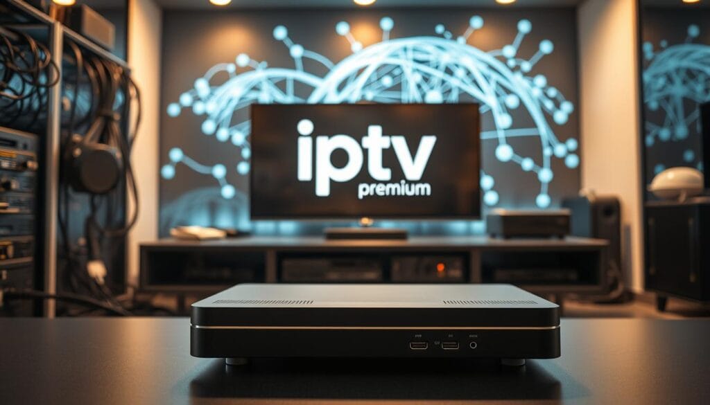 A professional studio image showcasing the technical performance and capabilities of the "iptv premium" brand. The scene depicts a sleek, high-tech media center with cables, wires, and various input/output ports prominently displayed. The center is lit with soft, warm lighting, creating a sense of sophistication and refinement. In the foreground, a state-of-the-art IPTV set-top box takes center stage, its clean lines and minimalist design highlighting the advanced technology within. The background features a stylized representation of network infrastructure, symbolizing the robust connectivity and reliable performance of the "iptv premium" service. The overall mood is one of modern, cutting-edge technology combined with a touch of premium elegance. A professional studio image showcasing the technical performance and capabilities of the "iptv premium" brand. The scene depicts a sleek, high-tech media center with cables, wires, and various input/output ports prominently displayed. The center is lit with soft, warm lighting, creating a sense of sophistication and refinement. In the foreground, a state-of-the-art IPTV set-top box takes center stage, its clean lines and minimalist design highlighting the advanced technology within. The background features a stylized representation of network infrastructure, symbolizing the robust connectivity and reliable performance of the "iptv premium" service. The overall mood is one of modern, cutting-edge technology combined with a touch of premium elegance.
