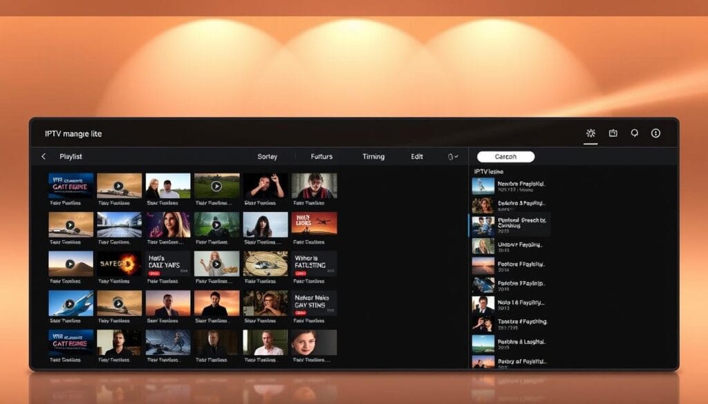 A sleek and modern user interface for managing IPTV playlists, showcasing the "iptv smarters lite" application. In the foreground, a neatly organized grid of playlist thumbnails, each with a distinct thumbnail and title. The middle ground features a clean and intuitive control panel, allowing for seamless playlist management, including sorting, filtering, and editing options. The background subtly blends smooth gradients and minimalist design elements, creating a polished and visually appealing aesthetic. Warm lighting from above casts a soft glow, highlighting the app's functionality and user-friendly experience.